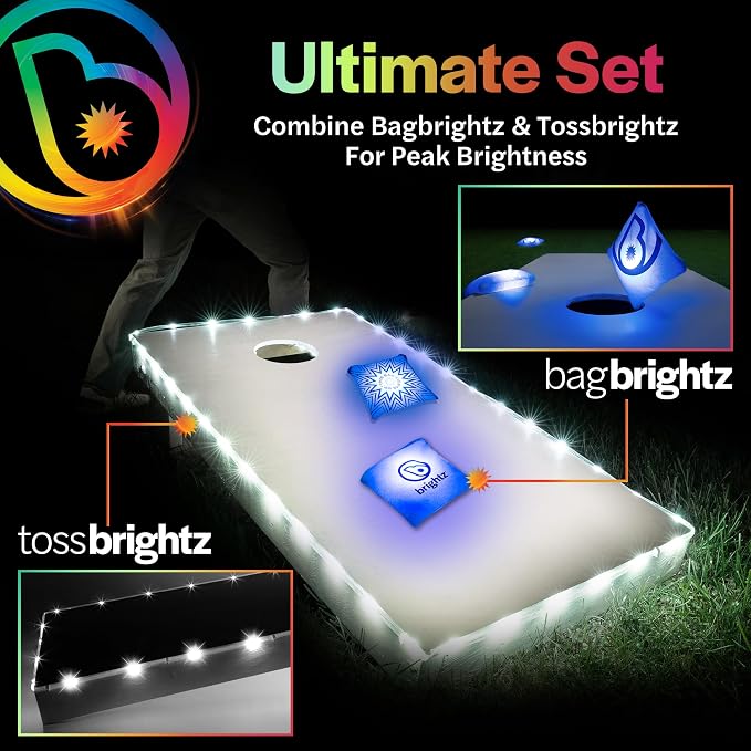 Brightz Cornhole Board Edge Lights with LED Bags - Includes 4-Pack of LED Cornhole Bags + TossBrightz Cornhole Board Edge Lights - The Ultimate Night Time Cornhole Master Set