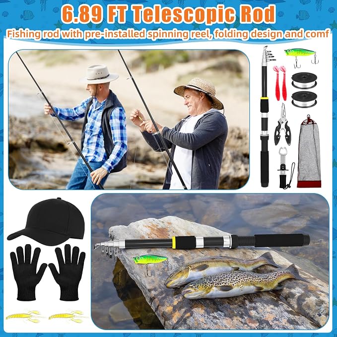 Telescopic Fishing Rod and Reel Combo 2 Pcs Collapsible Fishing Pole Kit with Plier Lip Gripper Lures Carrier Bag Pre-Loaded Spinning Reel for Beginner Men Travel Saltwater Freshwater