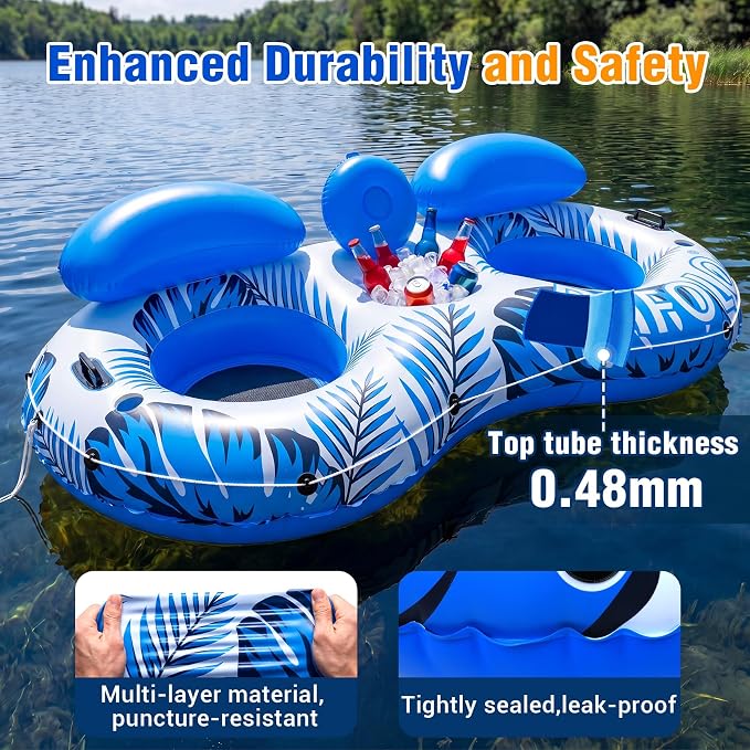 Pool Float Adult,2-Person Large Inflatable River Float, XL River Tubes for Floating Heavy Duty with Mesh Bottom, Comfortable Backrest & 2 Cup Holders & Durable Grab Handles,600 lbs Weight Capacity