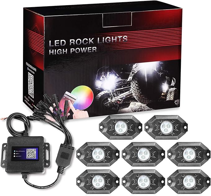 OFFROADTOWN RGB LED Rock Lights Kit 8 pods Underglow Multicolor Neon Light Pod with Bluetooth App Control IP68 Exterior Wheel Well Light for Pickup Tundra Dodge GMC UTV Truck