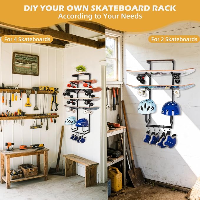 Skateboard Wall Mount Rack — Horizontal Multi-Board Display Shelf & Hanger, Longboard Deck Cruiser Holder, Wooden Helmet Stands & Accessories Hooks, Home Garage Wall Storage Organizer (Black)