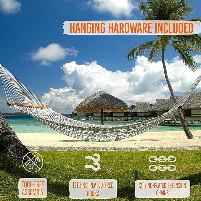 Castaway Living 13 ft. Double Traditional Hand Woven Oatmeal Cotton Rope Hammock – 2-Person, 450 lb Capacity, Free Extension Chains & Tree Hooks, Designed in The USA