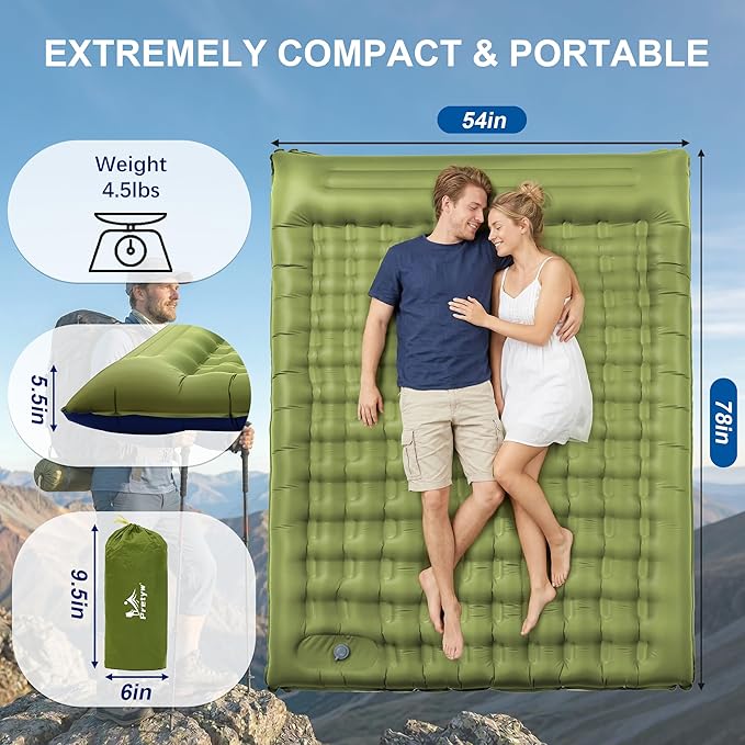 Double Sleeping Pad for Camping - 5.5" Ultra-Thick Camping Mattress with Pillow, Built-in Foot Pump, Compact 2-Person Portable Camping Mat for Backpacking, Hiking, Car Traveling, Beach, Tent