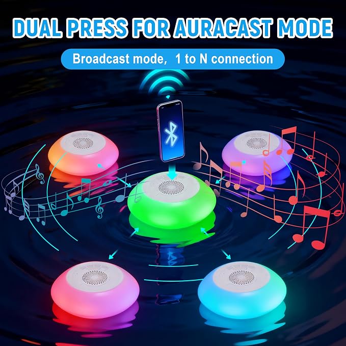 Floating Pool Speaker with Colorful Lights, IP68 Waterproof, Wireless Bluetooth, Built-in Mic, Surround Sound, for Outdoor Use and Hot Tubs (White)