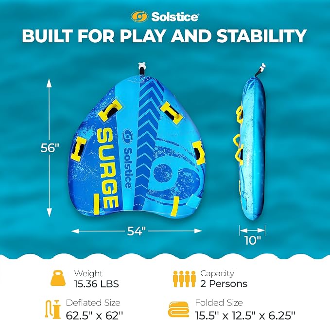 Solstice Surge Inflatable Towable Boat Tube | Stable 2-Person Water Sports Tube with Easy Inflate/Deflate System | 6 Handles & EVA Knuckle Guards | Vibrant Colors for Prime Visibility & Tubing Fun