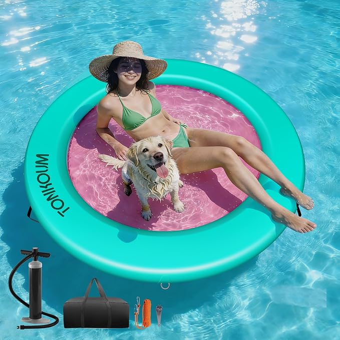 Water Hammock Inflatable Dock, 3.8ft/6ft/8ft Floating Raft Circular Water Island, Float Rings Air Mesh Platform for Lake/River/Swim Pool