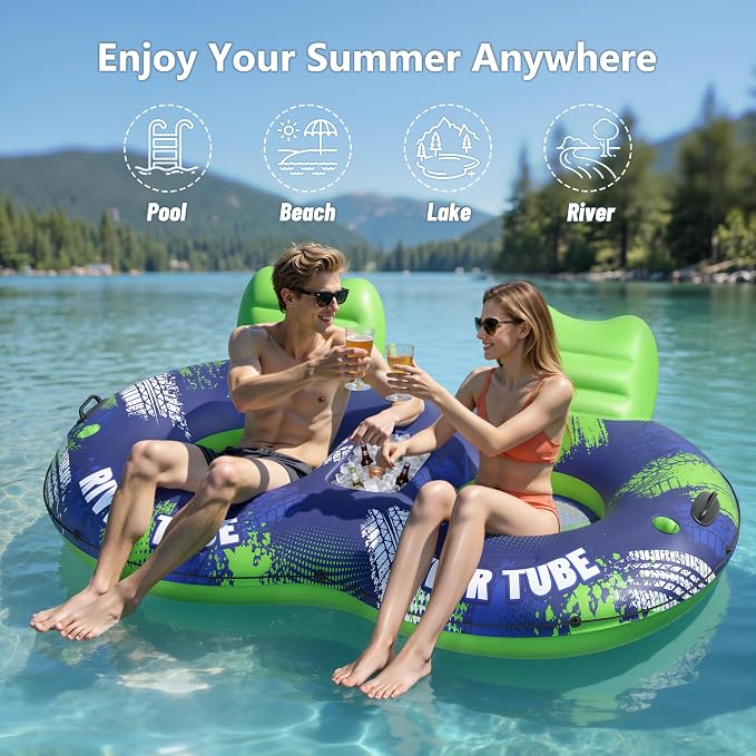 JOSEN Inflatable River Tube Float - 2 Person Heavy Duty River Float, Pool Floats Adult, Lake River Floats Water Tubes for Floating with Removable Cooler & Cupholders for Summer Relaxation
