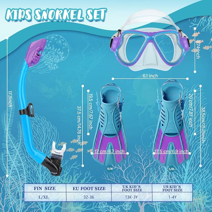 Snorkeling Gear for Kids, 4 in 1 Child Mask Fins Snorkel Set with Panoramic View Anti Fog Mask, Dry Top Snorkel, Trek Fins and Travel Bag, Kids Snorkeling Set with Fins for Snorkeling Swimming