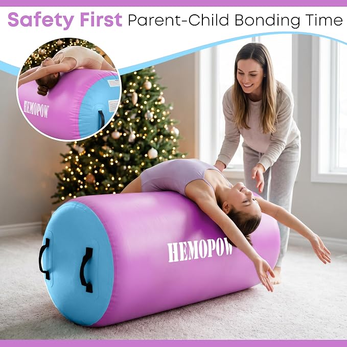 Inflatable Gymnastics Air Barrel Roller with Electric Pump, Heavy Duty PVC Tumbling Barrel Back Handspring Trainer, Air Tumble Track Mat for Home Gym, Cheerleading, Yoga Practice