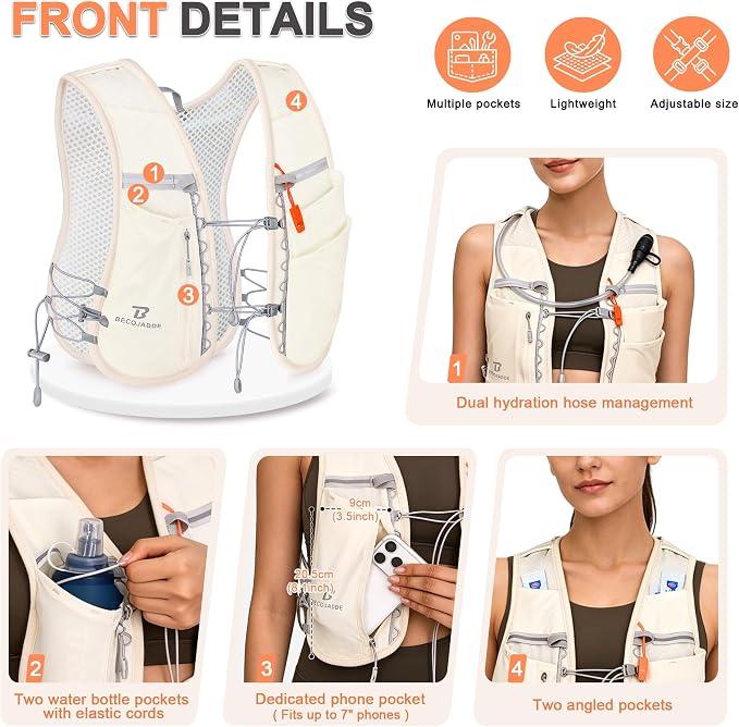 BECOJADDE 5L Running Vest for Women, Hydration Backpack Lightweight & Breathable for Trail Running, Marathon, Hiking, Cycling