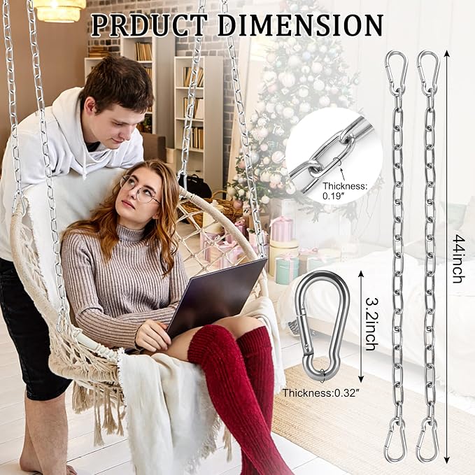 2 Pack 44in Hanging Swing Chain with 4 Carabiners, 660LB Capacity Hanging Kits Heavy Duty Hanging Chair Hardware for Hammock Swing Hanging Chair Punching Bags Sandbag Indoor Outdoor Yoga Gym (Silver)