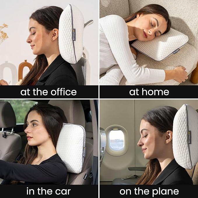 Memory Foam Travel Pillow with Washable Cover & Carry Bag – Compact, Soft & Breathable Neck Pillow for Airplane, Camping & Car (White- with Extra Pink Cotton Cover, 15.7x9.8x3.9 inches)