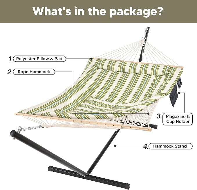 SUNCREAT Cotton Rope Hammock for Two People with Carrying Bag, Quilted Fabric Pad & Detachable Pillow, Extra Large Hammock with 12 FT Steel Stand, Ipad Bag & Cup Holder, Green&Beige
