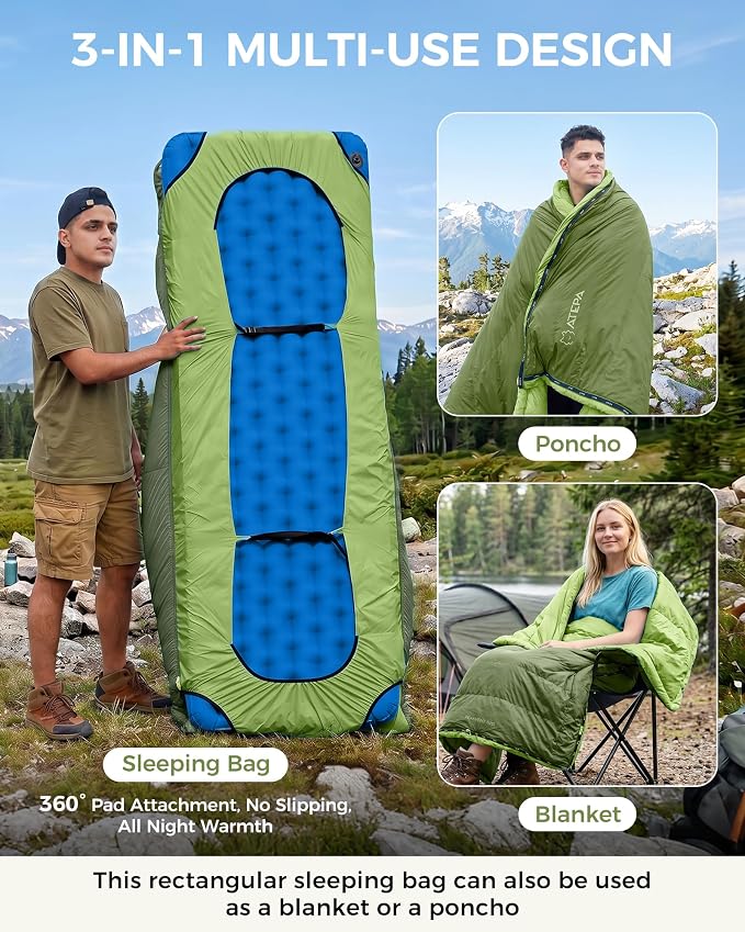 ATEPA Down Sleeping Bag for Adults, Recycled Ultralight 35°F 40°F 45°F 50°F 650FP / 700FP 3 Season Compact Sleeping Bags with Compression Sack for Backpacking Camping Hiking, Can Be Attached to Pad