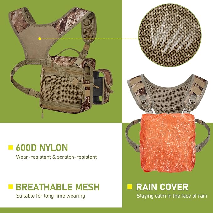 Binocular Harness Chest Pack with Rangefinder Pouch, Bino Harness with Rain Cover for Hunting