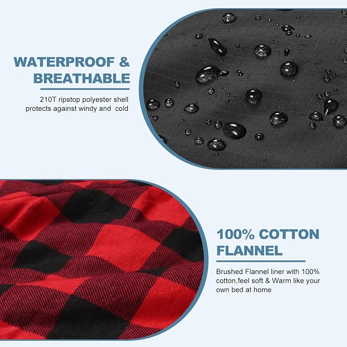Cotton Flannel Double Sleeping Bag with Fleece Lined Hood, Waterproof Queen Size 2 Person Sleeping Bag for Adults Cold Weather Camping Backpacking or Hiking, 3-4season