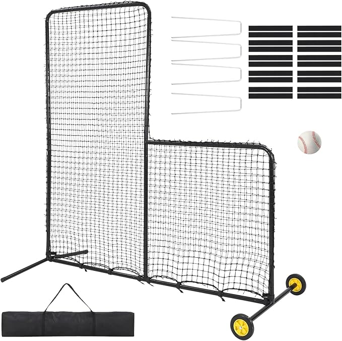 7x7FT L-Shaped Baseball Pitching Net with Wheels,Portable Steel L Screen,Protective Pitcher Screen Netting for Batting Cage, Softball & Tee-Ball Practice (All Skill Levels)