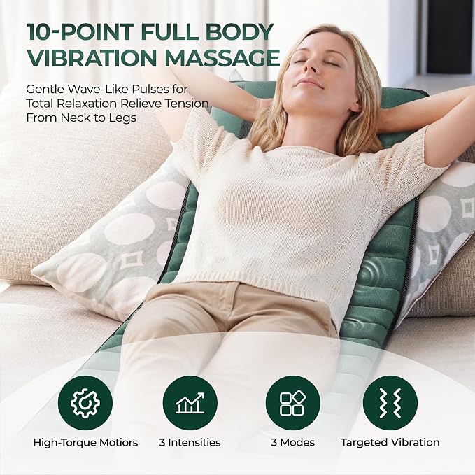 Full Body Massage Mat with Heat, Detachable Massager Pad for Deep Tissue Pain Relief, 10 Vibrating Motors for Relaxation at Home or Office