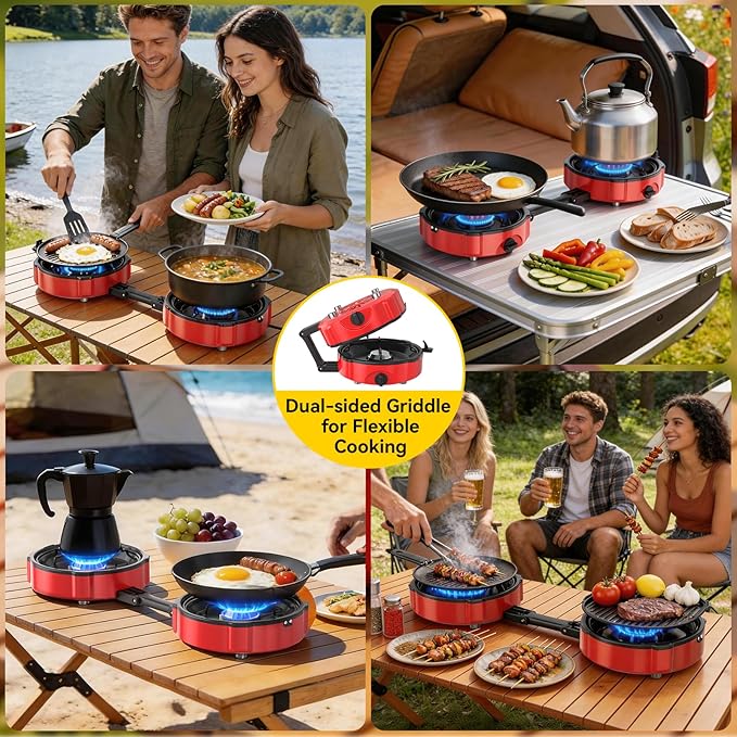 2 Burner Propane Camping Stove, 20000 BTU Foldable Portable Camp Stove with Piezo Ignition & Adjustable Burners, Outdoor Gas Cooker with Carry Bag for Camping, RV, Tailgating & Emergency Use