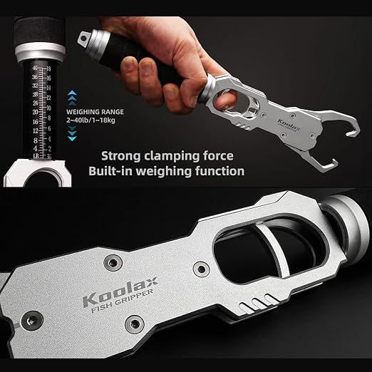 11.6" Fish Lip Gripper, Aluminum Alloy Fish Grabber with 40lb Scale, 360° Swivel Handle, Corrosion-Resistant for Saltwater & Freshwater (Silver)