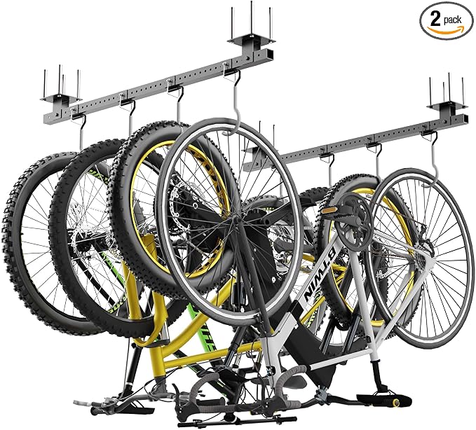 640Lbs Bike Rack Garage Ceiling with 8 Hooks, Bike Hangers for Garage, Ceiling Mount Bicycle Storage, Metal Black 2pcs Set Indoor Use for 8 Bicycles