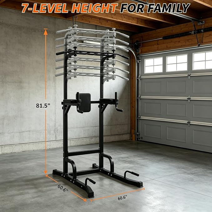 Power Tower Pull Up Bar and Dip Station, 11-Height Adjustable Pull Up Bar Station for Home Gym, Multi-Function Strength Training Fitness Equipment for Pull Ups, Dips, Push Ups & Knee Raises