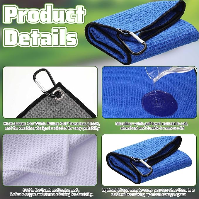 Batiyeer Golf Towels Bulk for Bags, 16"x16" Microfiber Waffle Pattern Golf Towel with Clip for Tournament, Club, Fitness