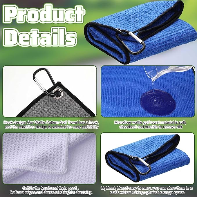 Batiyeer Golf Towels Bulk for Bags, 16"x16" Microfiber Waffle Pattern Golf Towel with Clip for Tournament, Club, Fitness