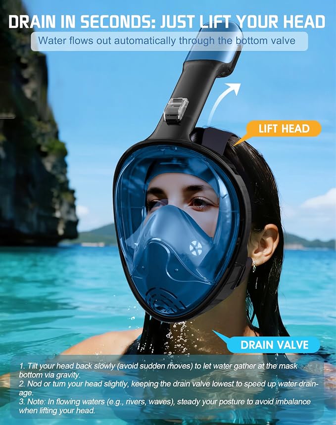 Greatever Full Face Snorkel Mask, Snorkeling Gear for Adults with Latest Dry Top Breathing System and Detachable Camera Mount, Foldable Snorkel Mask Adult, Snorkels Anti-Fog & Anti-Leak