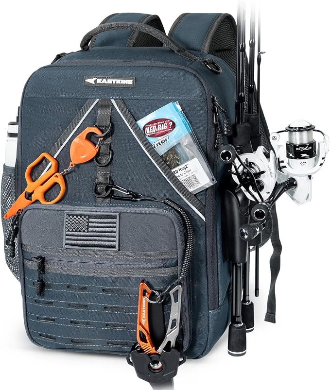KastKing KarryAll KastMate Fishing Tackle Backpack,Water-Resistant Tackle Bag With 2 Rod Holders,Fishing Gear and Equipment With Large Gear Storage,Dark Gray