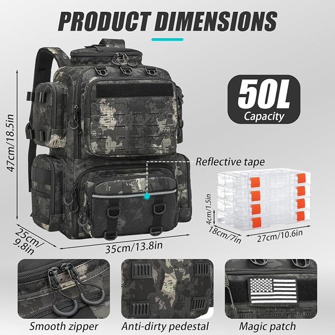 Tactical Fishing Tackle Backpack with Tackle Boxes, Rod Holders, Bottle Holder, 50 L Large Insulated Fishing Backpack Tackle Box with Cooler, Fishing Bag Store Gear & Equipment, Black CM