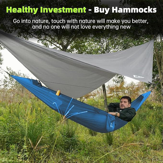 Camping Hammock with Mosquito Net, Underquilt & Rain Fly Tarp – 2 Person Portable Hammock Set for Hiking, Backpacking, Travel, Backyard, Beach – Holds Up to 500lbs (Blue)