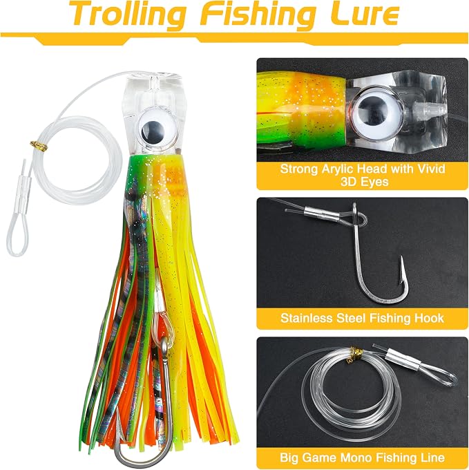 Trolling Lures Saltwater for Tuna Mahi Marlin Wahoo Dolphin Shark Offshore Trolling Baits with Squid Skirt Big Game Fishing Lures Deep Sea Squid Skirts Rig 6/9 inch