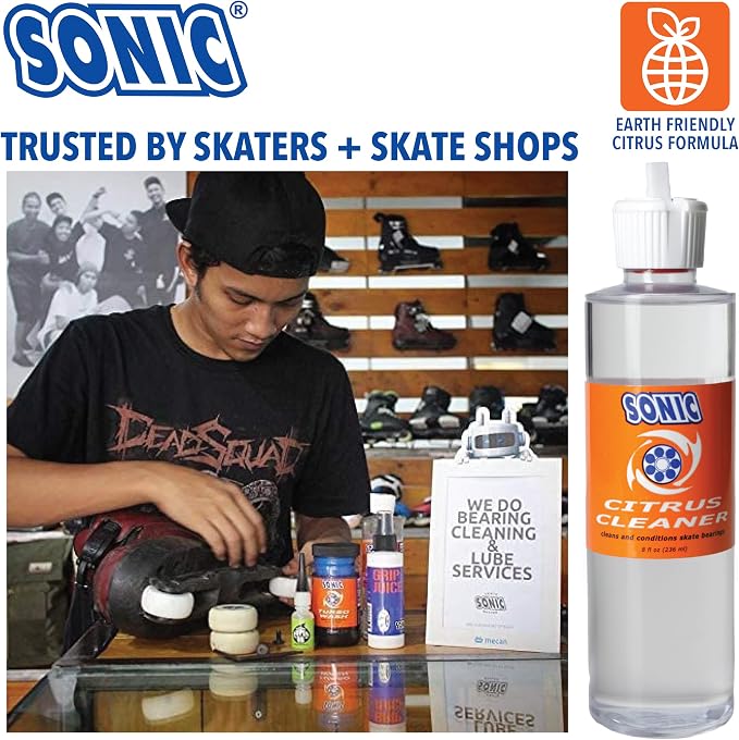 SONIC Citrus Skate Bearing Cleaner, Cleans Inline Skate, Roller Skate and Skateboard Bearings, Earth friendly, 8 oz, Made in USA, 1 pack