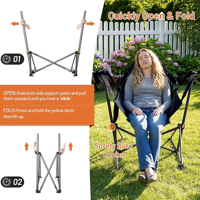 TIMBER RIDGE Hammock Camping Chair with Adjustable Backrest, Heavy Duty Folding Hammock Chair Supports 300lbs, Portable Hammock Chair for Camping, Travelling and Patio, Black