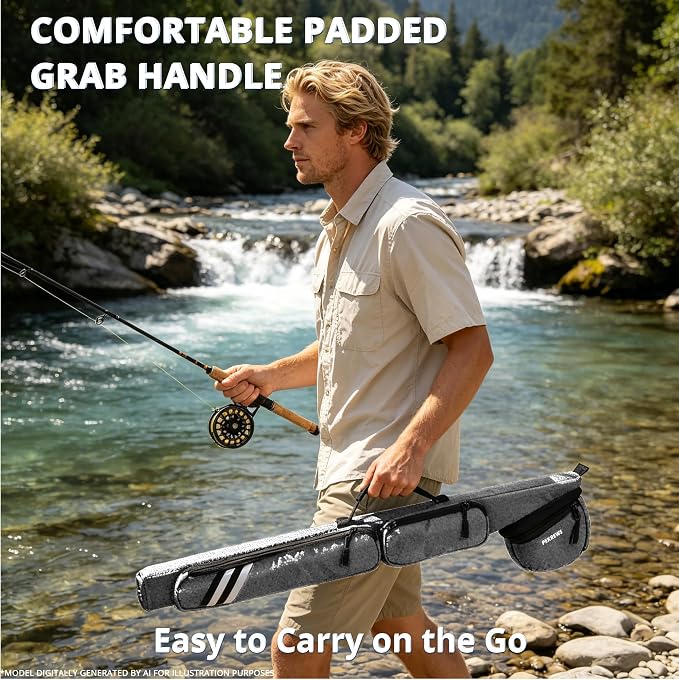 PEKREWS Fly Rod Case, 30.5" Fishing Rod Bag Fit 9' 4-Piece Fly Rod and Reel with 2 Side Pockets, Padded Reel Pouch, Shoulder Strap, Portable Travel Fly Rod Tube, Fishing Pole Holder For Angler, Grey