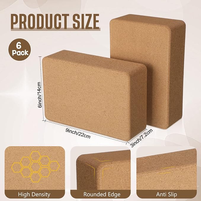 Junkin 6 Pack Cork Yoga Blocks, 9 x 6 x 3 Inches Non-slip & Anti-tilt Yoga Blocks for Supportive Stretching, Lightweight Gymnastic Cube Bricks for Exercise Pilates Workout Fitness Meditation Stability