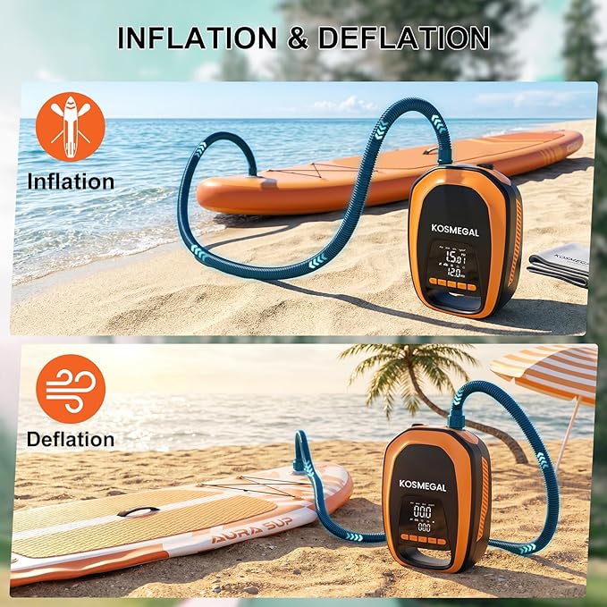 kosmegal Paddle Board Pump Electric Portable, SUP Pump for Paddleboard, 20PSI Air Compressor with Auto-Off, Deflation Function for Inflatables, Kayaks and Boats