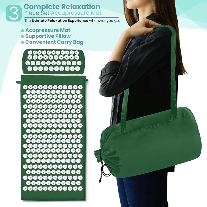 Sivan Back and Neck Pain Relief Acupressure Mat and Pillow Set, Chronic Back Pain Treatment - Relieves Your Stress of Lower Upper Back and Sciatic Pain - Green