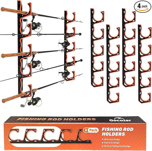 Gocozer Fishing Rod Holder for Garage, H5 Wall or Ceiling Mounted Fishing Pole Holders with Soft Protective Pad, Fishing Rod Storage Organizer, Horizontal Fishing Rod Wall Mount Nets Storage (4 PACK)