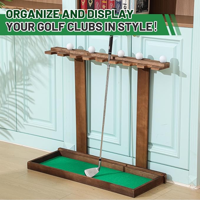 Blosssound Golf Putter Stand for 8 Clubs & 12 Balls Wooden Golf Club Holder Golfs Rack Display Organizer Storage with Artificial Grass Mat for Sports Indoor Home Garage Accessories