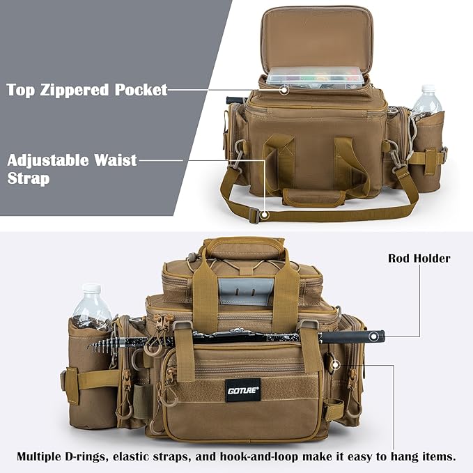 Goture Fishing Tackle Bag with 4 Tackle Boxes, Soft Side 600D Water-Resistant Cross Body Sling Fishing Bag with Rod Holder, Small Saltwater Gear Storage Tactical Bags, Gifts for Men/Women