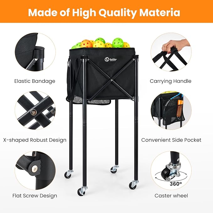 Portable Tennis Ball Hopper & Pickleball Basket, Foldable Tennis Ball Cart with Storage Bag, Multi-Sport Ball Collector for Training & Practice