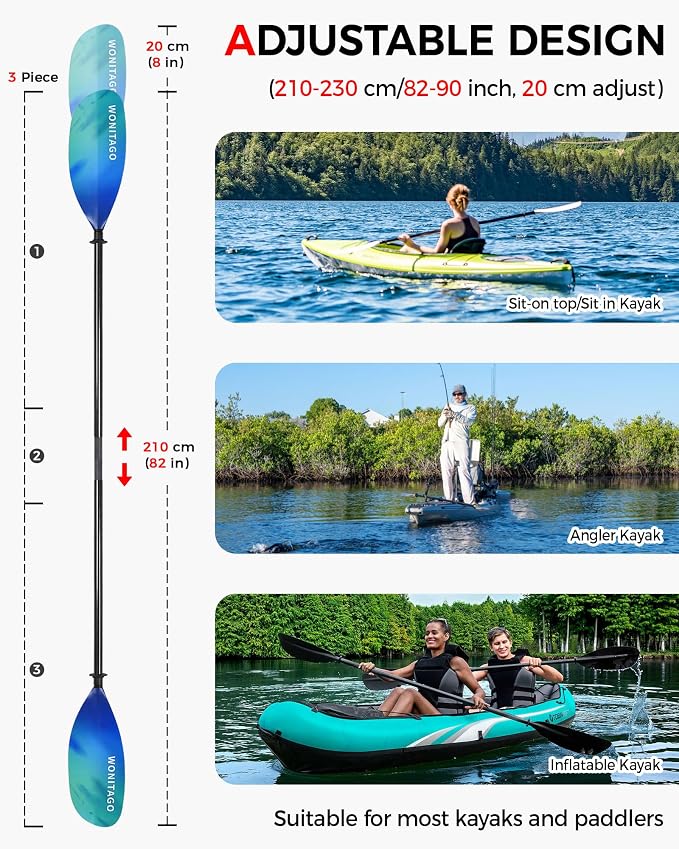 Kayak Paddle Carbon Fiber Shaft and Reinforced Nylon Blade, Adjustable Kayaking Oars, 3 Piece, 230-250 cm/90-98 Inches,210-230 cm/82-90 inches