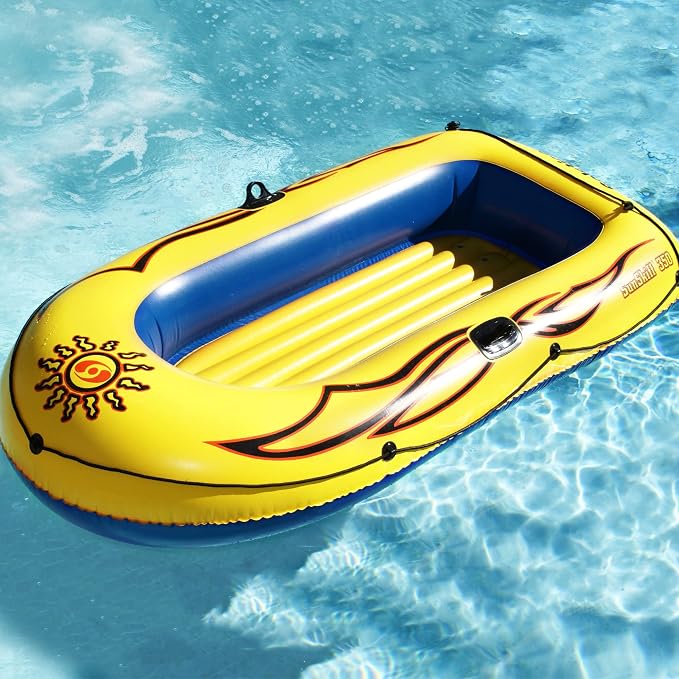 SOLSTICE Inflatable Boat Rafts 3 Person for Adults & Kids Comes W/ Pole Oar Holders Cushioned Comfortable Base Grab Line 8 Ft Size Sunskiff Kits Dinghy Air Floor Yellow