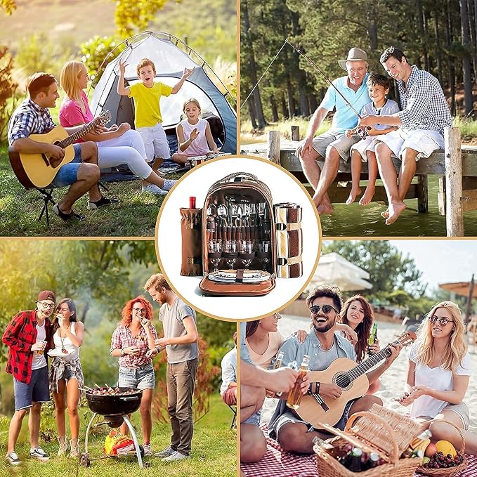 Hap Tim Picnic Backpack Bag for 4 Person with Cooler Compartment, Detachable Bottle/Wine Holder, Fleece Blanket, Plates and Cutlery Set Perfect for Outdoor, Sports, Hiking, Camping, BBQs(Coffee)