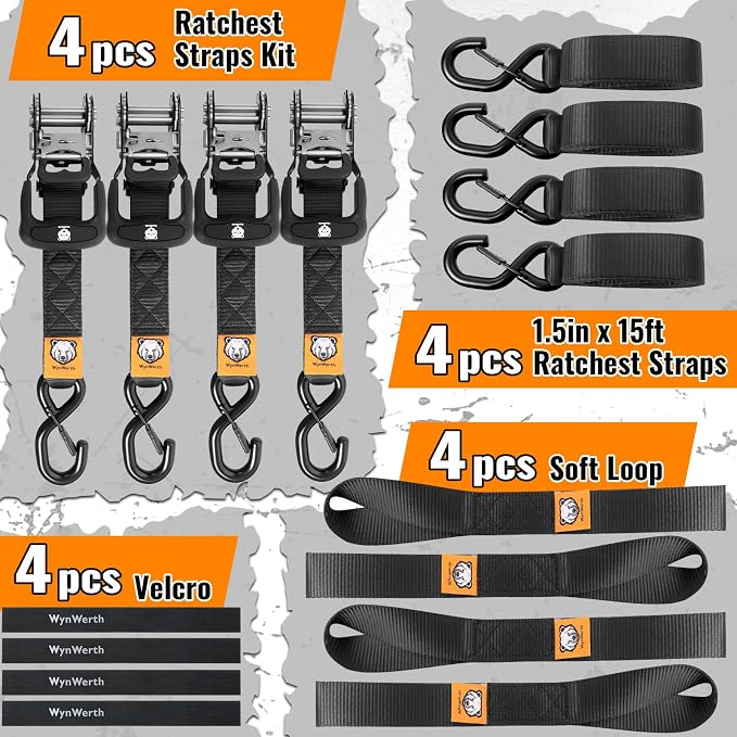 4 Pack Ratchet Straps,Heavy Duty Powersports Tie Downs Load Straps,5208lbs Break Strength 1.5in x 15ft with Safety S Hooks and Soft Loops for Motorcycle Truck Cargo Roof Rack,Break Strength, Black