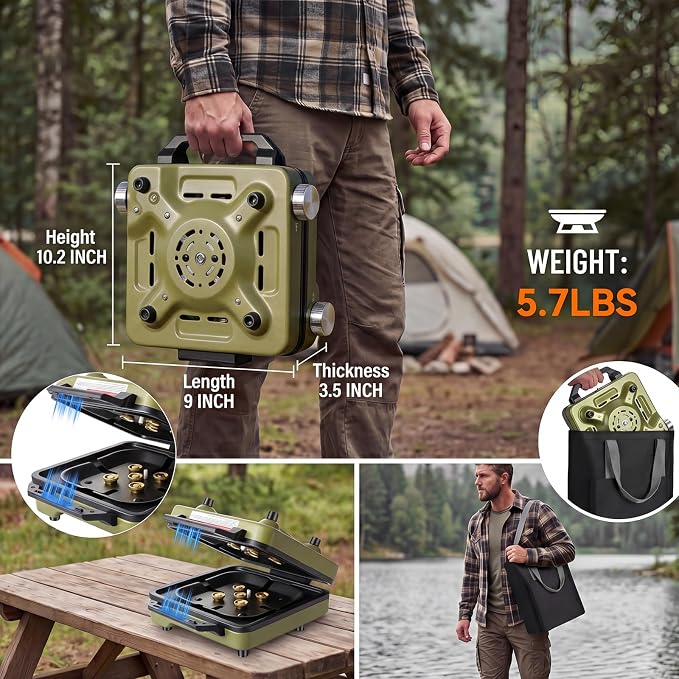 2-Burner Portable Propane Camping Stove with Windshield, 30000 BTU Foldable Gas Stove with Independently Adjustable Heat Coffee Stand & Carry Bag, Gas Stove for Cooking, Tailgating (Green)