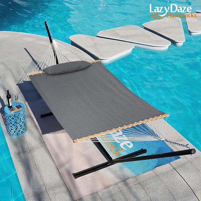 Lazy Daze Hammocks 12 FT Sunbrella Fabric Hammock Non-Fading with Spreader Bars and Free Pillow Fits for 2 Persons, All Weather and Fade Resistant for Patio Yard, 450 lbs Capacity, Cast Slate