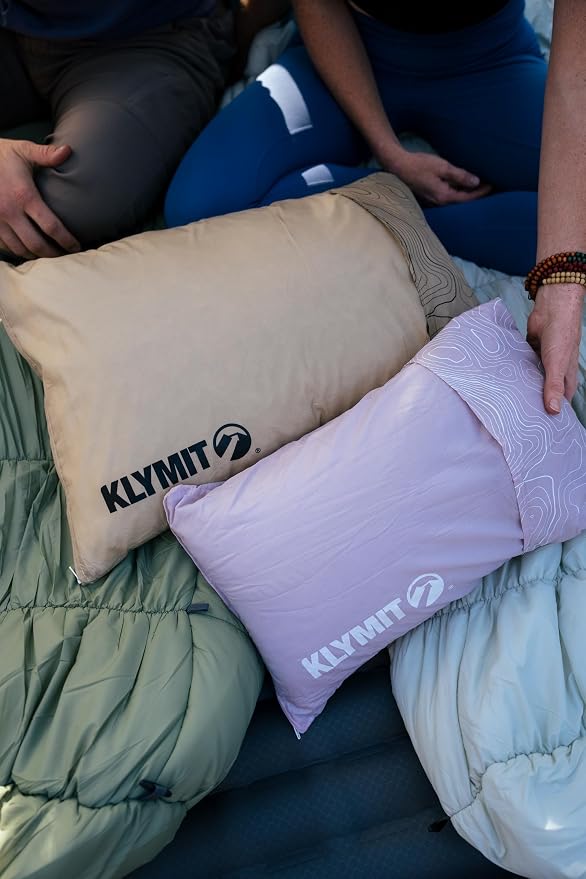 KLYMIT Drift Camping Pillow | Lightweight, Travel Head Rest for Sleep Filled with Shredded Memory Foam, Reversible Outer Cover for Extended Use, Regular Size — Tan